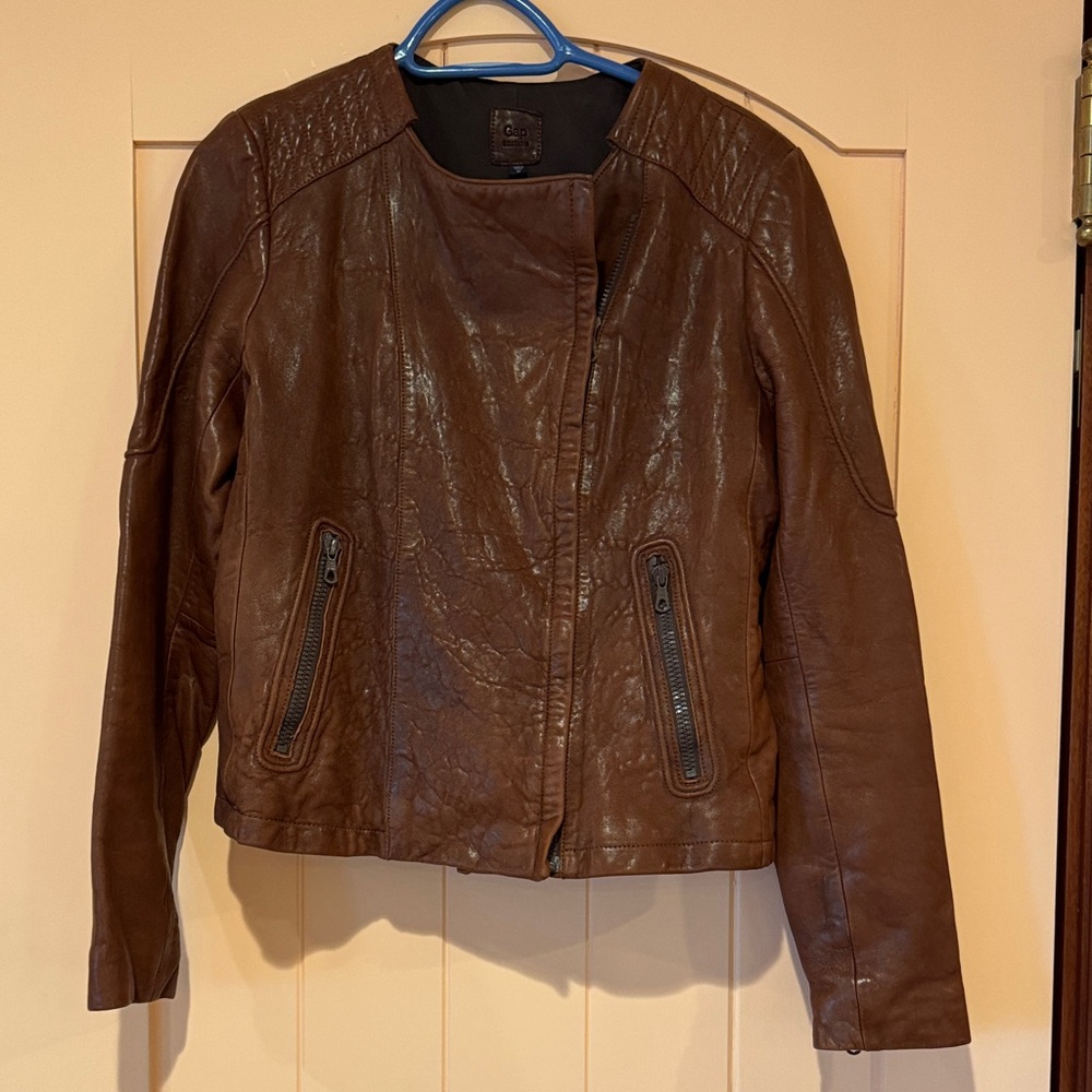 GAP Edition Brown Leather Biker Jacket, M